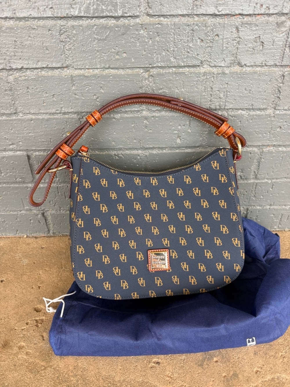 Dooney & Bourke Navy Logo Shoulder Bag with Brown Leather Trim